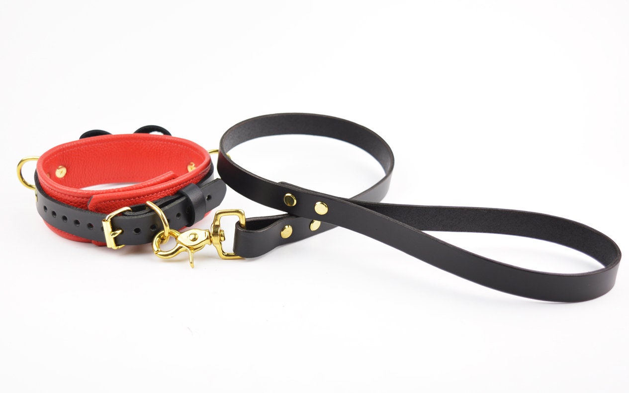 Premium BDSM Red Leather Bow Collar & Leash With Gold Lock Pendant photo