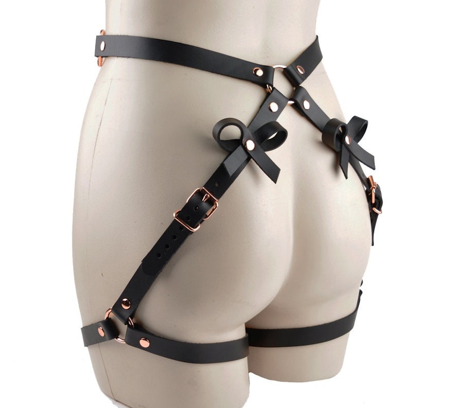 Stunning Leather Bow Booty Harness Black & Rose Gold Image # 216076
