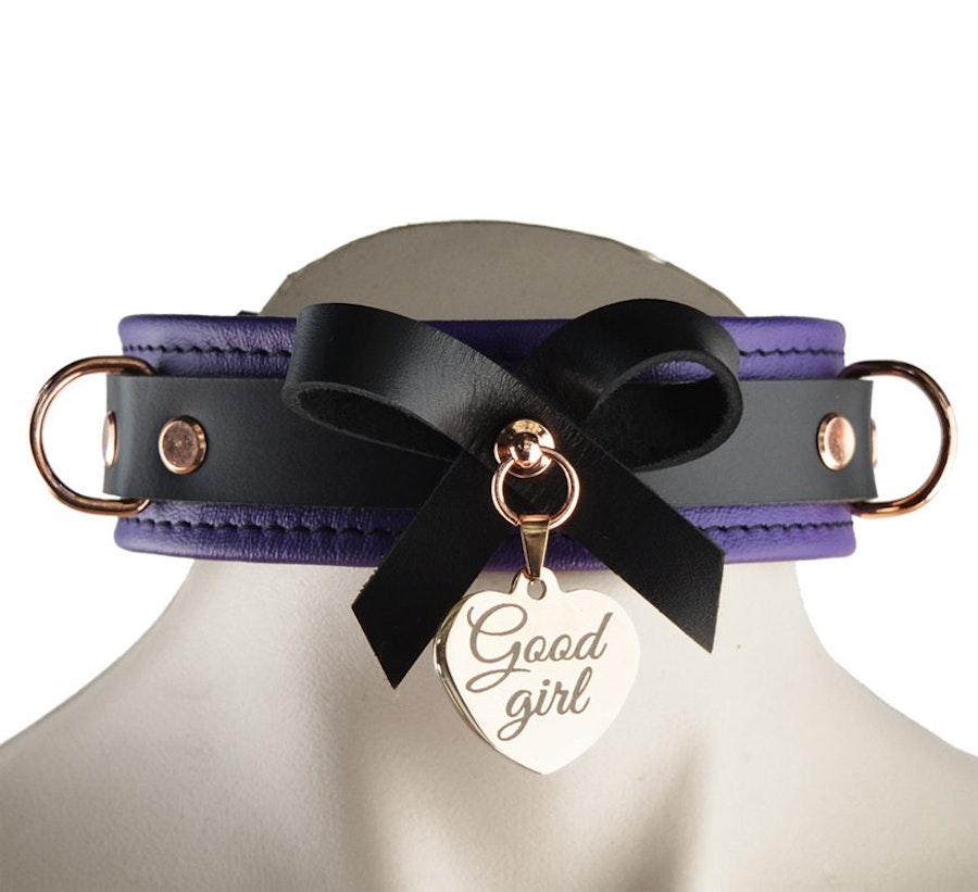 Premium BDSM Purple Leather Bow Collar & Leash With Custom Engraved Rose Gold Pendant Image # 216140