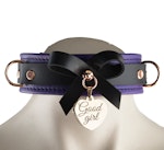 Premium BDSM Purple Leather Bow Collar & Leash With Custom Engraved Rose Gold Pendant Thumbnail # 216140