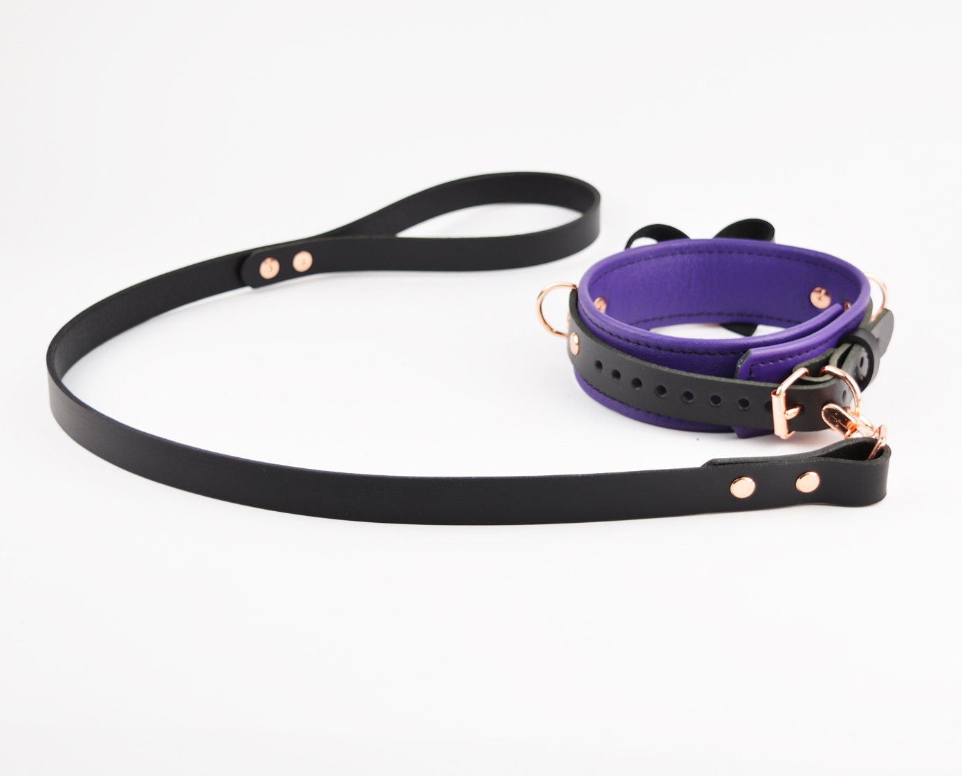 Premium BDSM Purple Leather Bow Collar & Leash With Custom Engraved Rose Gold Pendant photo