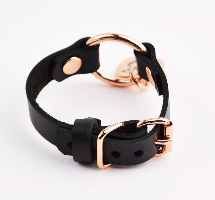Secret Message Custom Engraved Love Heart Wrist Cuff Handcrafted Leather with Rose Gold O-Ring & Pendant Wristband Image # 216221