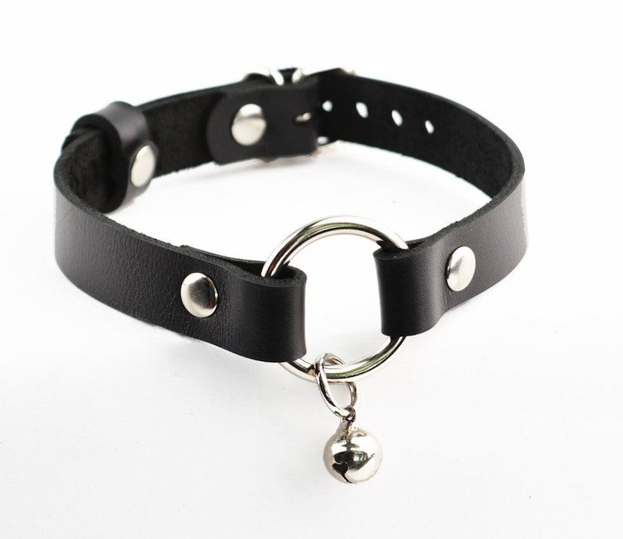 Secret Message Kitten Bell Custom Engraved Collar Handcrafted Leather with Silver O-Ring & Kitty Bell Choker Image # 216229