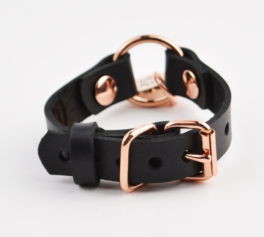 Secret Message Custom Engraved Love Heart Wrist Cuff Handcrafted Leather with Rose Gold O-Ring & Pendant Wristband Image # 216218