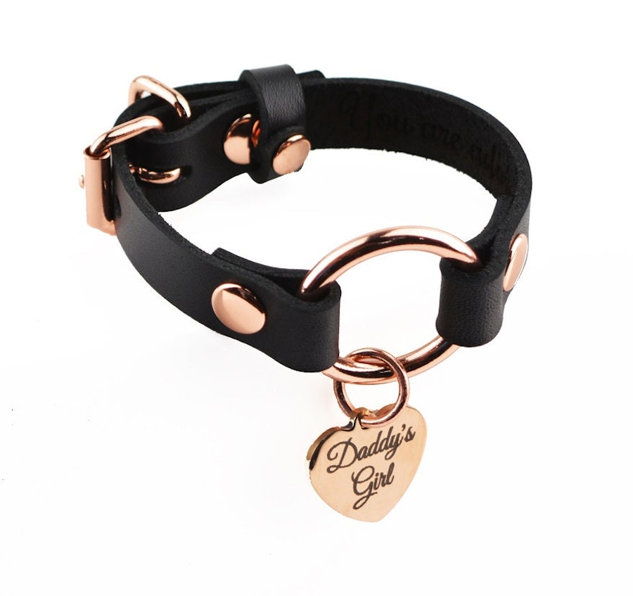 Secret Message Custom Engraved Love Heart Wrist Cuff Handcrafted Leather with Rose Gold O-Ring & Pendant Wristband Image # 216220