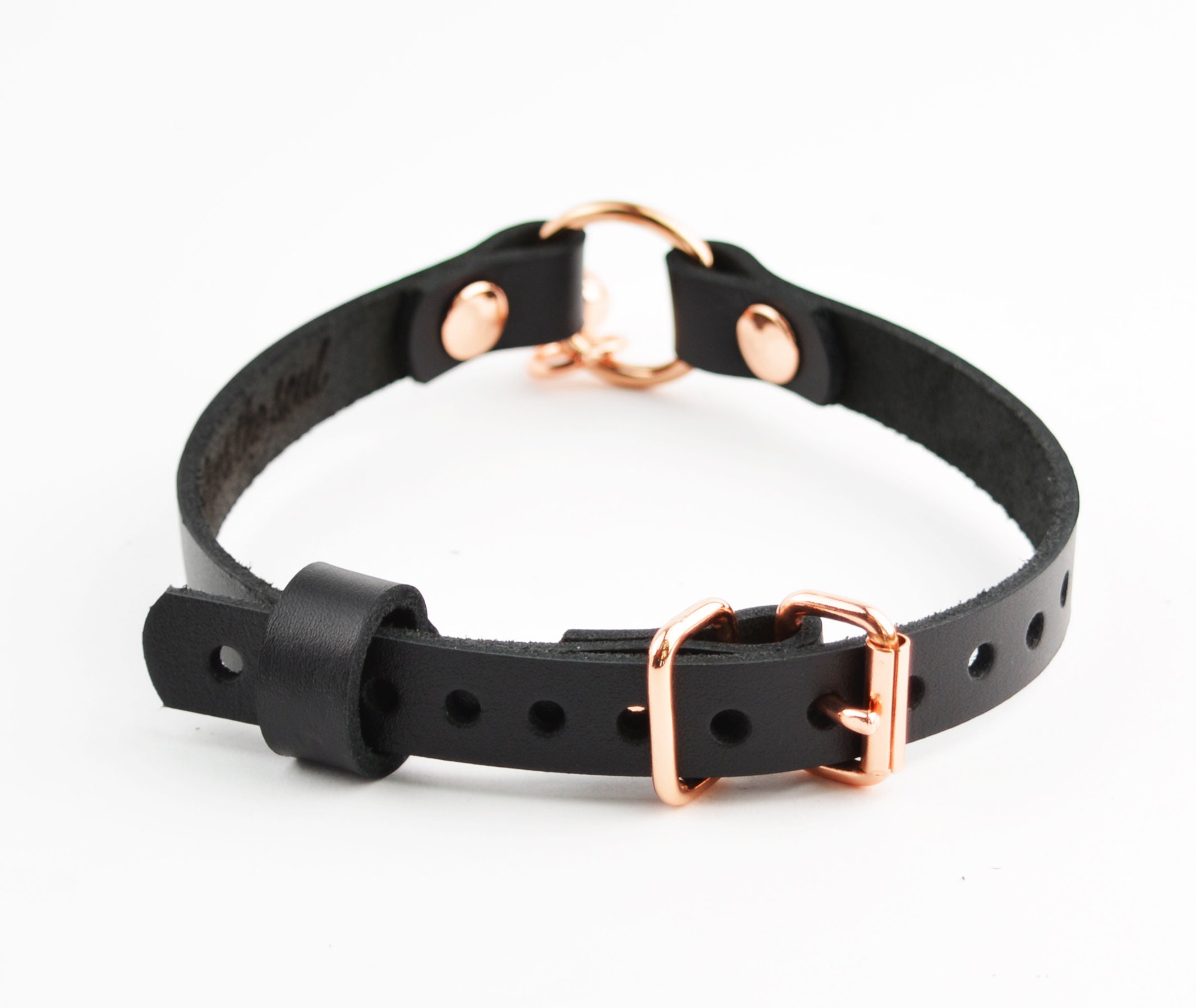 Secret Message Kitten Bell Custom Engraved Collar Handcrafted Leather with Rose Gold O-Ring & Kitty Bell Choker photo