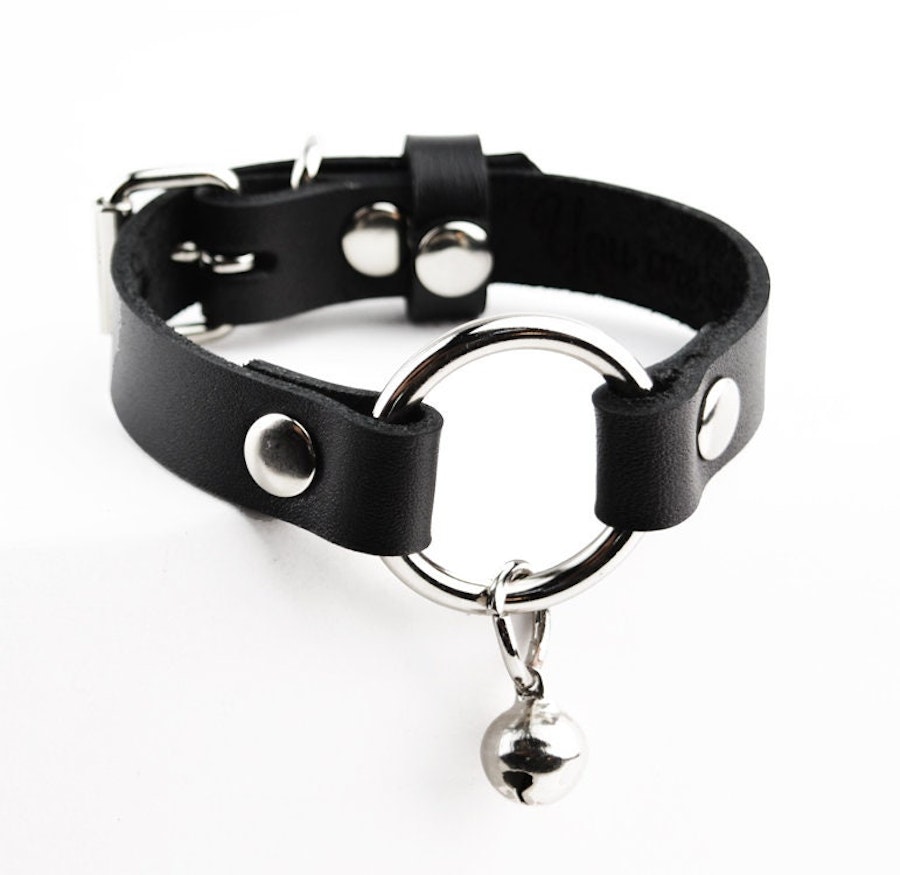 Secret Message Kitten Bell Custom Engraved Wrist Cuff Handcrafted Leather with Silver O-Ring & Kitty Bell Wristband Image # 216418