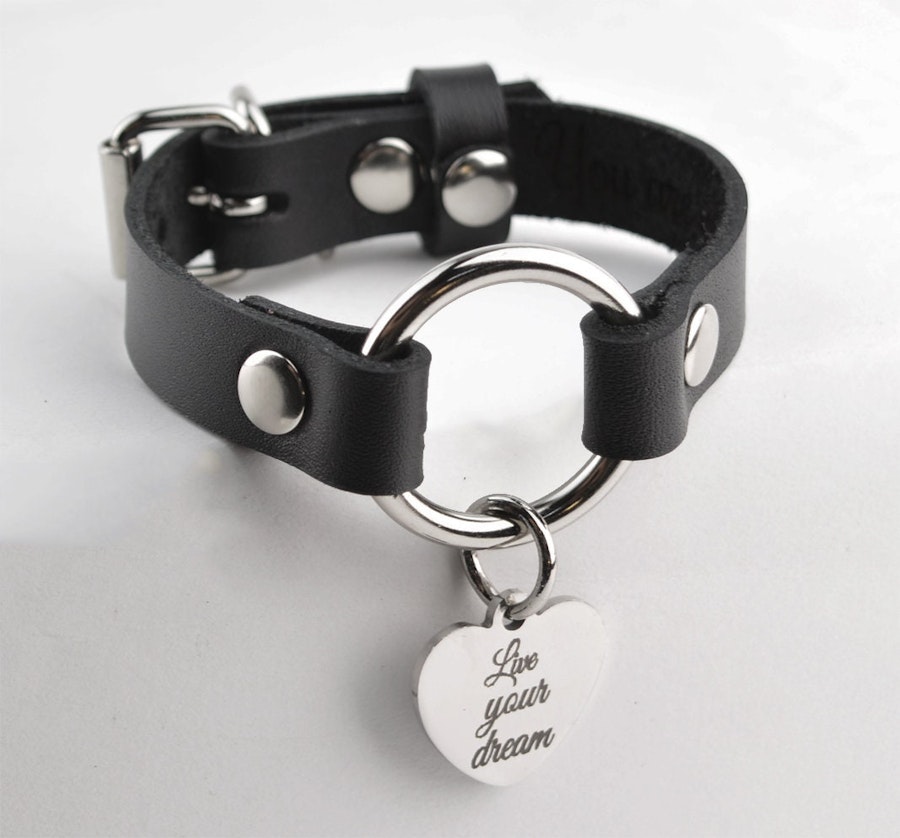 Secret Message Custom Engraved Love Heart Wrist Cuff Handcrafted Leather with Silver O-Ring & Pendant Wristband BDSM Subtle Image # 216240