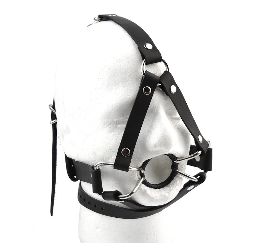 Ultra Strict Head Harness Ring Gag - Black Leather & Steel