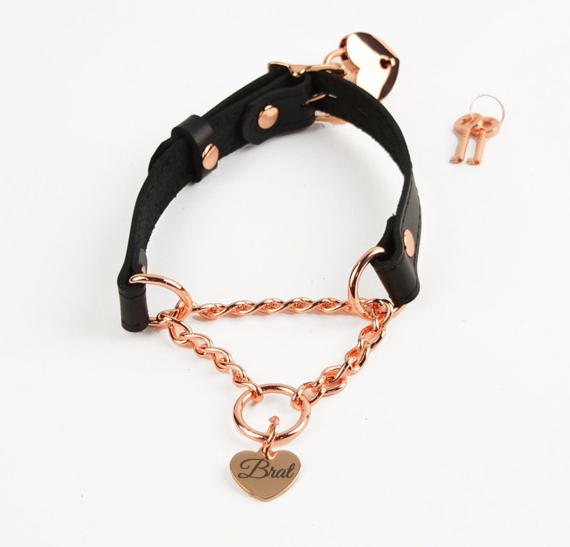 Black Leather Custom Engraved Martingale Day Collar with Rose Gold Love Heart Pendant photo