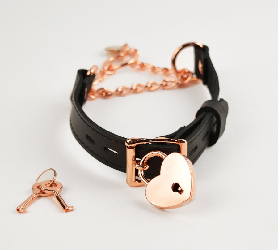 Black Leather Custom Engraved Martingale Day Collar with Rose Gold Love Heart Pendant Image # 216436