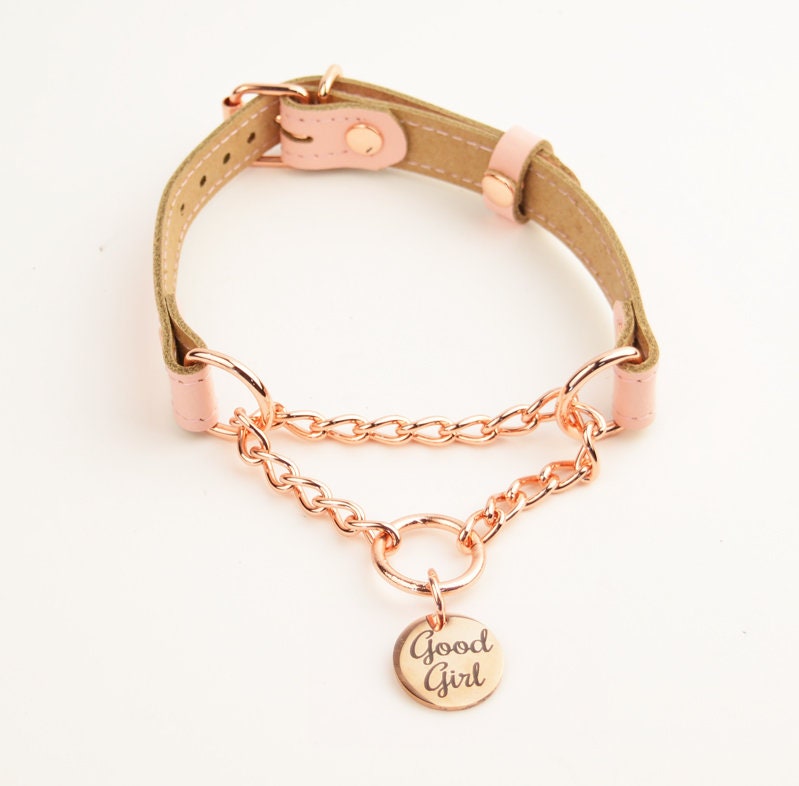 Blush Pink Custom Engraved Martingale Day Collar with Round Rose Gold Pendant photo