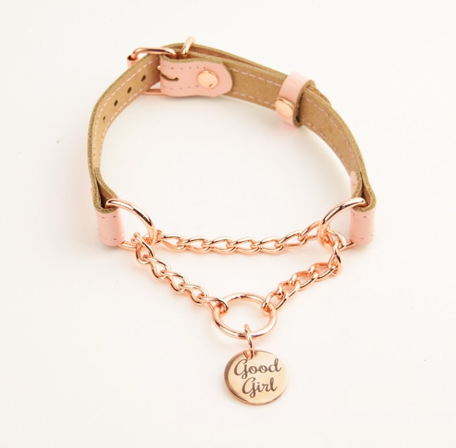 Blush Pink Custom Engraved Martingale Day Collar with Round Rose Gold Pendant Image # 216150