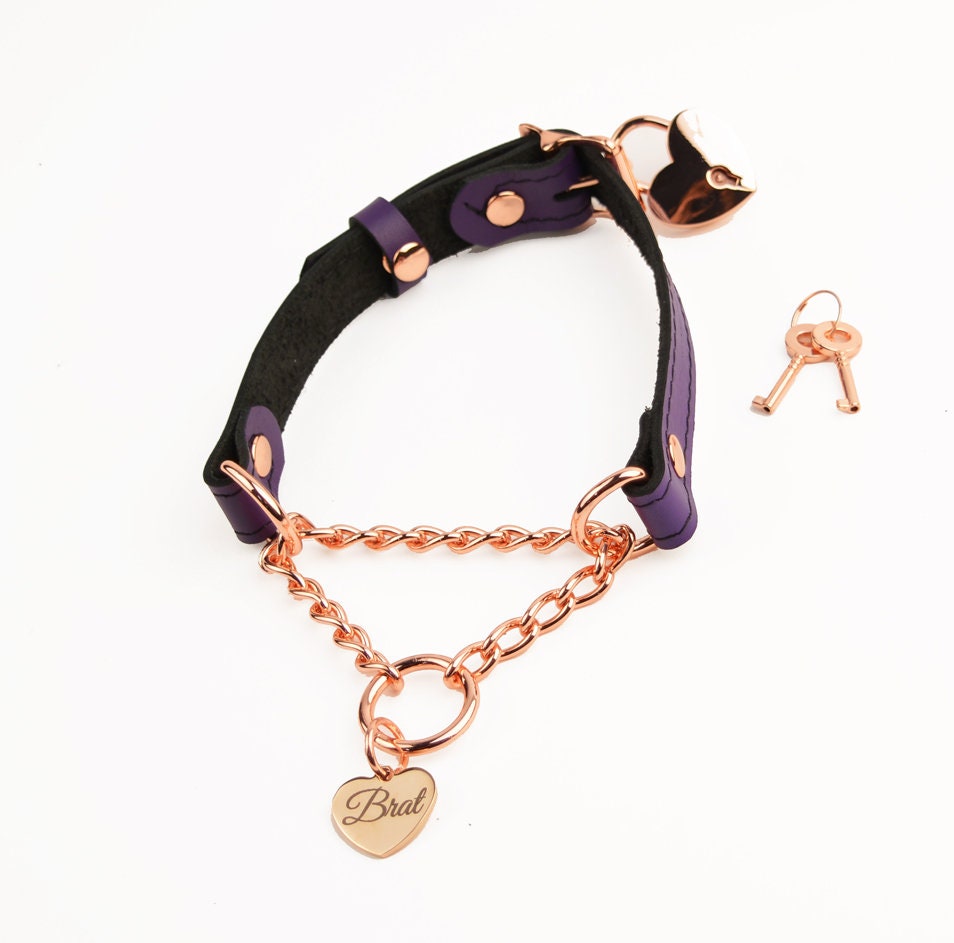 Purple Leather Custom Engraved Martingale Day Collar with Rose Gold Love Heart Pendant photo