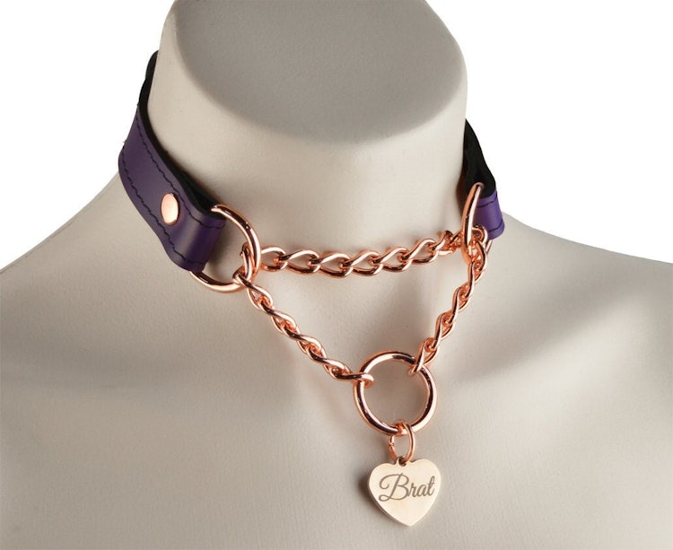 Purple Leather Custom Engraved Martingale Day Collar with Rose Gold Love Heart Pendant photo