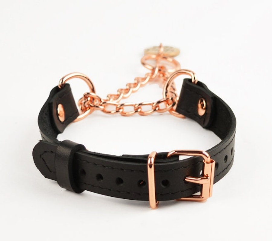 Black Leather Custom Engraved Martingale Day Collar with Rose Gold Love Heart Pendant Image # 216437