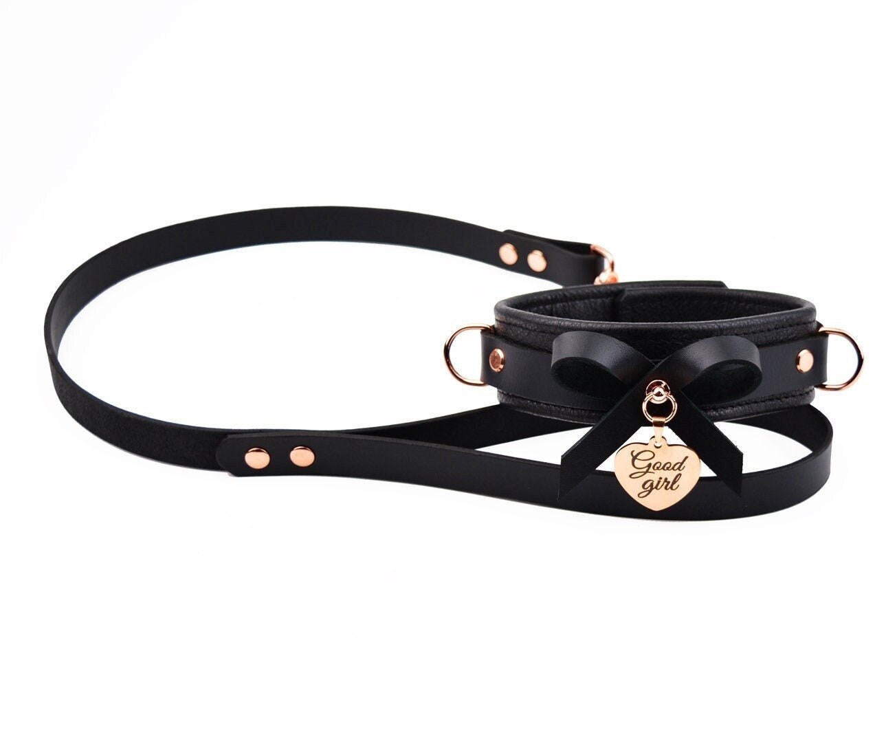 Premium BDSM Black Leather Bow Collar & Leash With Custom Engraved Rose Gold Pendant photo