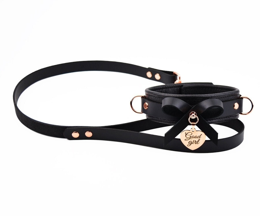 Premium BDSM Black Leather Bow Collar & Leash With Custom Engraved Rose Gold Pendant Image # 216069