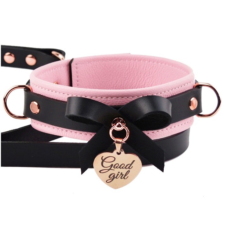 Premium BDSM Blush Pink Leather Bow Collar & Leash With Custom Engraved Rose Gold Pendant photo