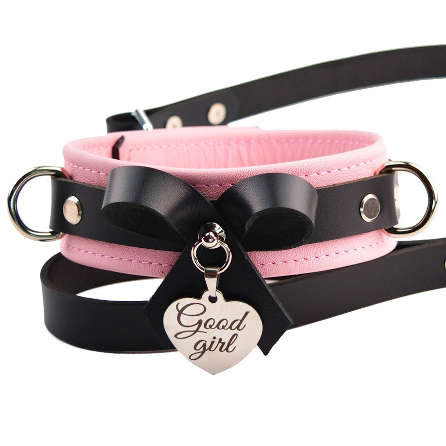 Premium BDSM Blush Pink Leather Bow Collar & Leash With Custom Engraved Silver Pendant