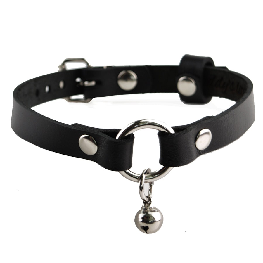 Secret Message Kitten Bell Custom Engraved Collar Handcrafted Leather with Silver O-Ring & Kitty Bell Choker