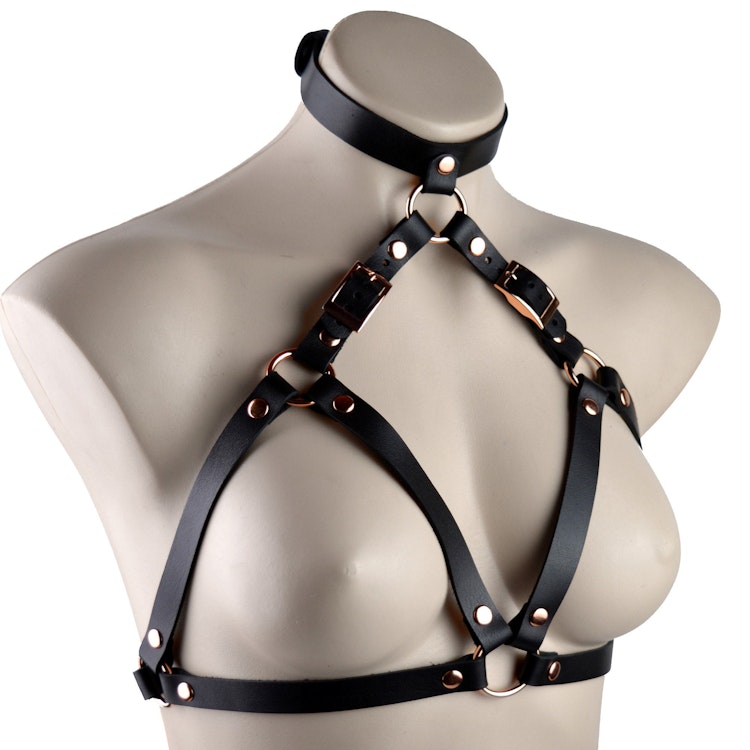 Luxury Leather Black Body Bra Harness With Rose Gold Hardware photo