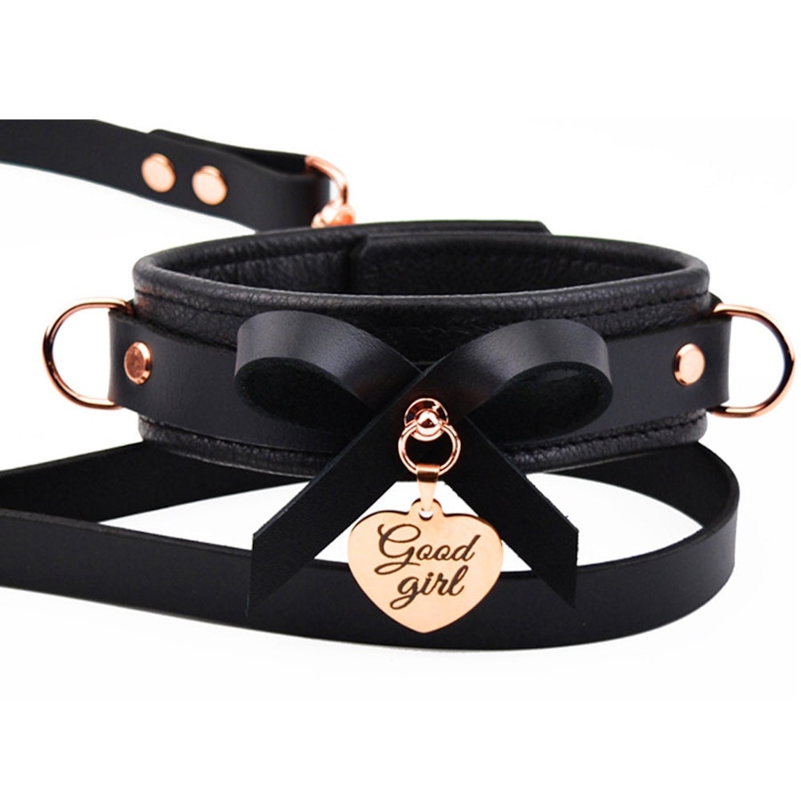 Premium BDSM Black Leather Bow Collar & Leash With Custom Engraved Rose Gold Pendant