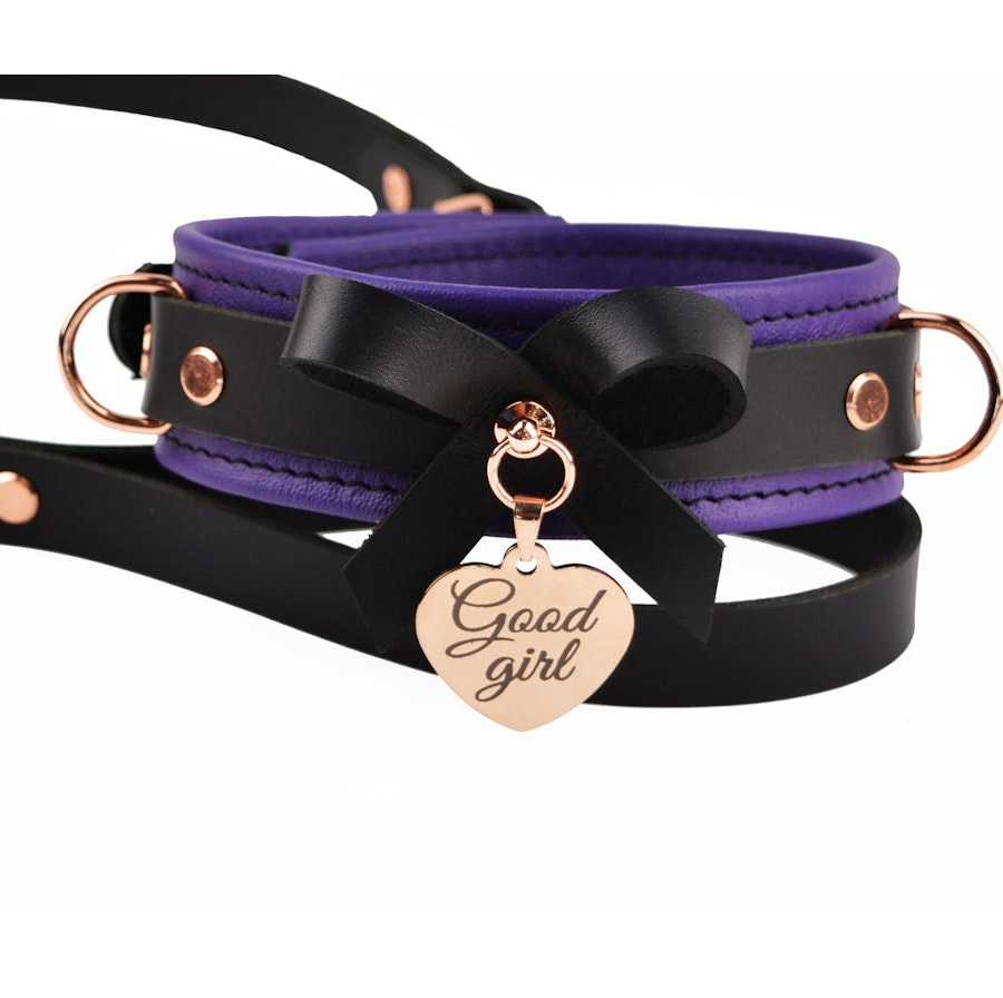 Premium BDSM Purple Leather Bow Collar & Leash With Custom Engraved Rose Gold Pendant