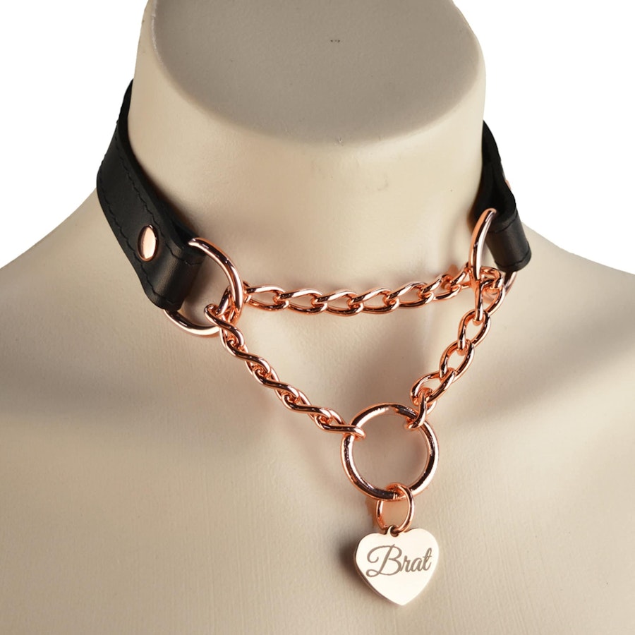 Black Leather Custom Engraved Martingale Day Collar with Rose Gold Love Heart Pendant