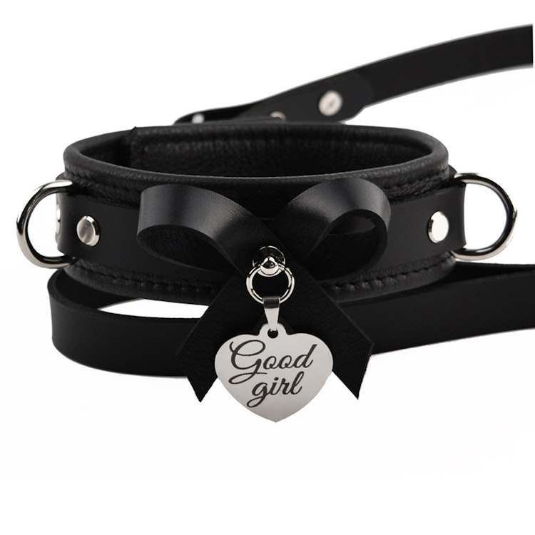 Premium BDSM Black Leather Bow Collar & Leash With Custom Engraved Silver Pendant photo