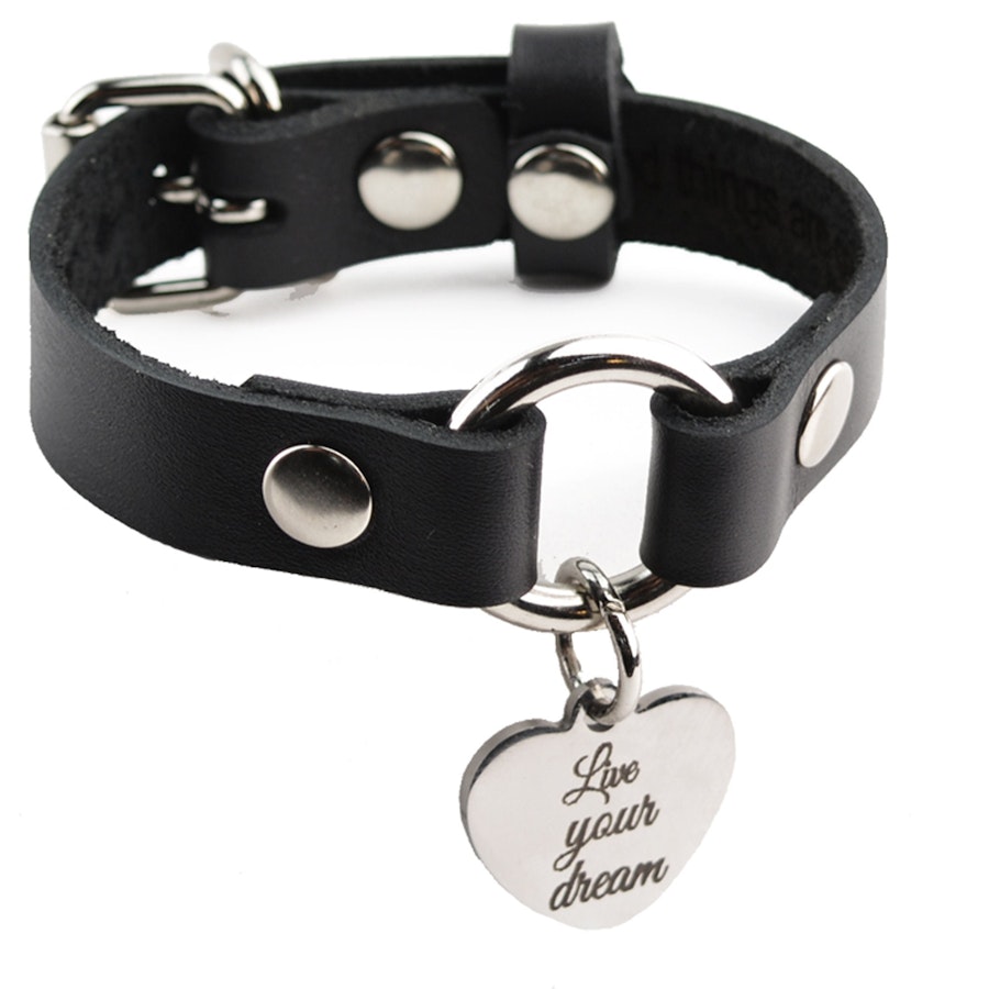 Secret Message Custom Engraved Love Heart Wrist Cuff Handcrafted Leather with Silver O-Ring & Pendant Wristband BDSM Subtle