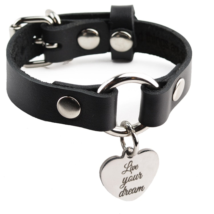 Secret Message Custom Engraved Love Heart Wrist Cuff Handcrafted Leather with Silver O-Ring & Pendant Wristband BDSM Subtle photo