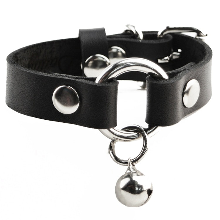 Secret Message Kitten Bell Custom Engraved Wrist Cuff Handcrafted Leather with Silver O-Ring & Kitty Bell Wristband photo