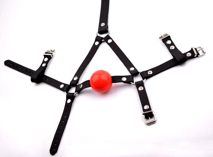 Premium Handcrafted Black Head Harness Ball Gag Red Ball Silver Hardware Image # 217085