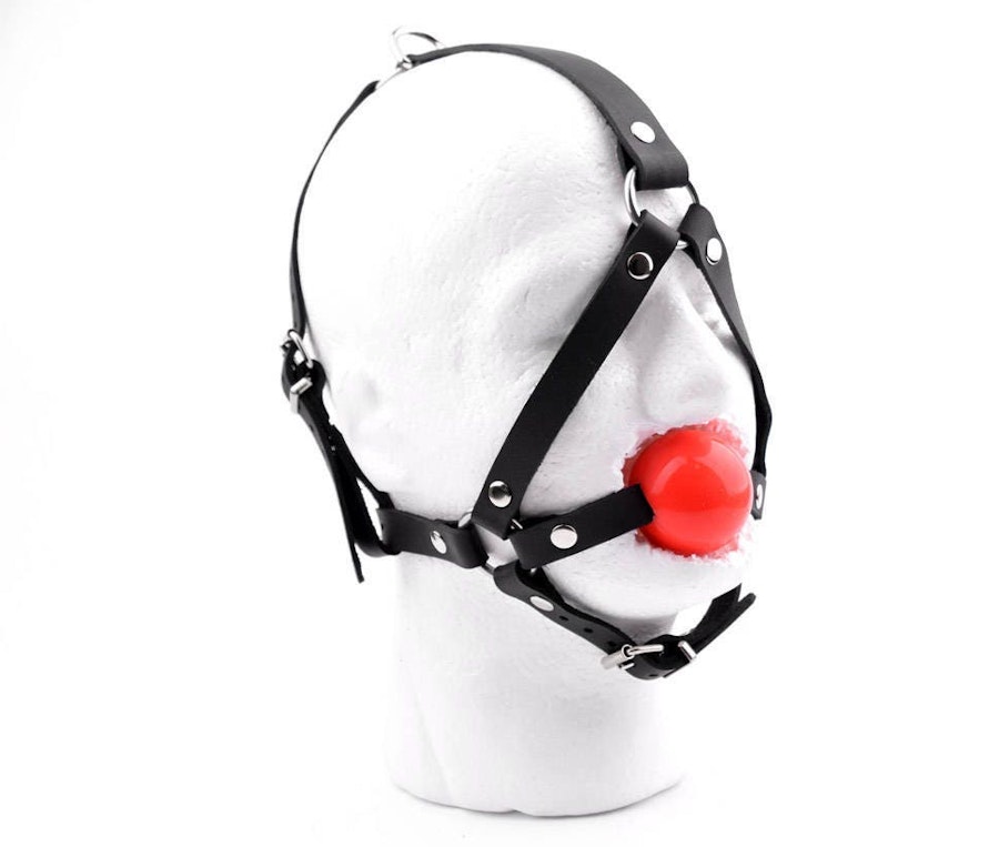 Premium Handcrafted Black Head Harness Ball Gag Red Ball Silver Hardware