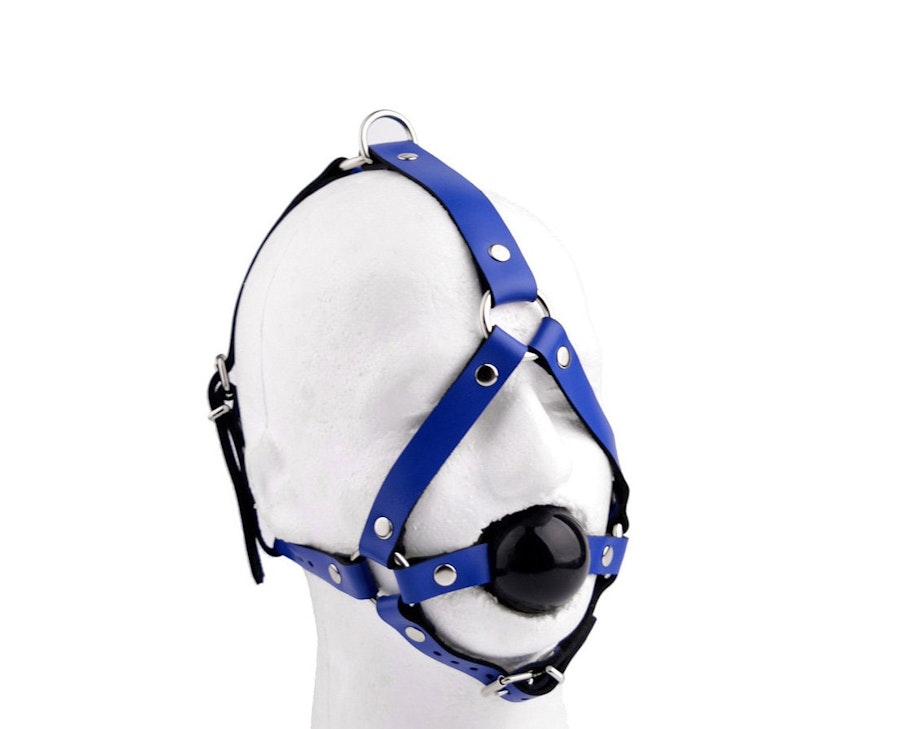 Premium Handcrafted Blue Head Harness Ball Gag Black Ball With Silver Hardware