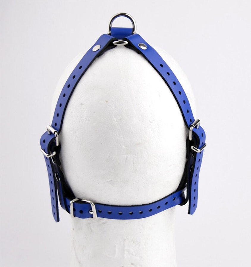 Premium Handcrafted Blue Head Harness Ball Gag Black Ball With Silver Hardware Image # 217245