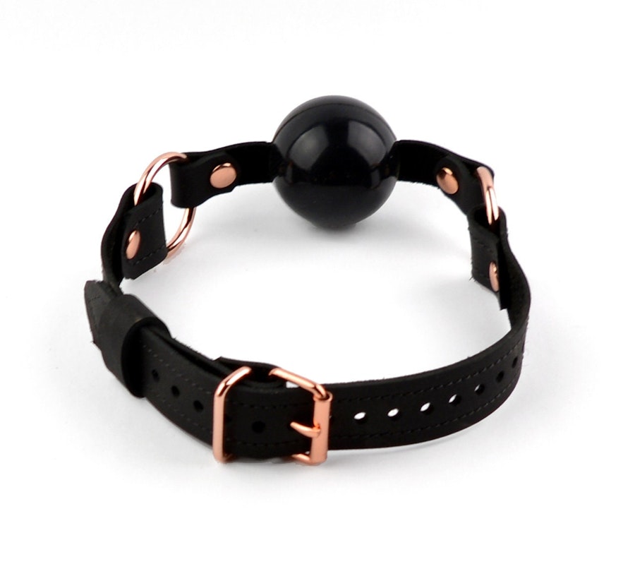 Black Leather & Rose Gold Premium Single Strap Ball Gag - Black Ball Image # 216869