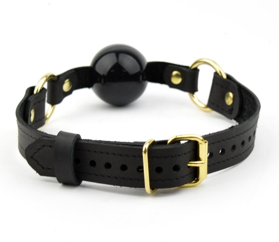 Black Leather & Gold Premium Single Strap Ball Gag - Black Ball Image # 216805