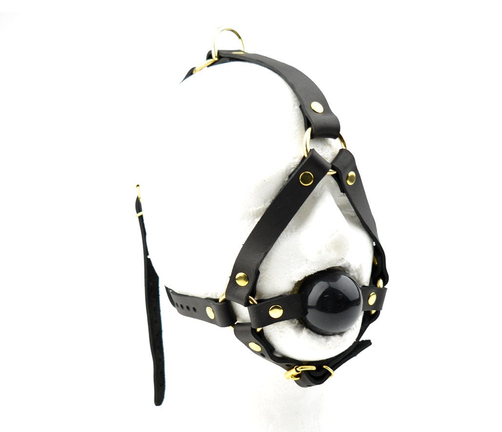 Premium Handcrafted Black Head Harness Ball Gag Black Ball Gold Hardware photo