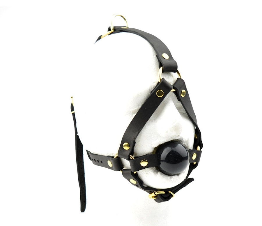 Premium Handcrafted Black Head Harness Ball Gag Black Ball Gold Hardware Image # 216638
