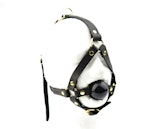 Premium Handcrafted Black Head Harness Ball Gag Black Ball Gold Hardware Thumbnail # 216638