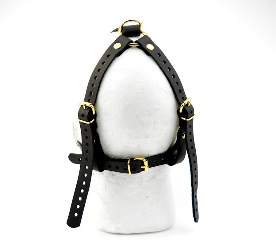 Premium Handcrafted Black Head Harness Ball Gag Black Ball Gold Hardware Image # 216639