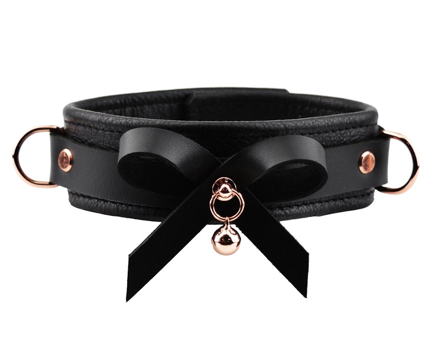 Premium BDSM Black Leather Bow & Kitten Bell Collar & Leash Image # 217399