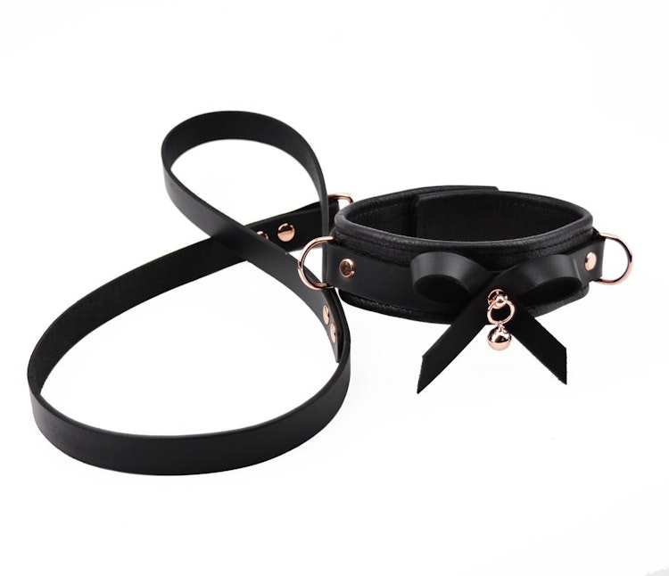 Premium BDSM Black Leather Bow & Kitten Bell Collar & Leash photo