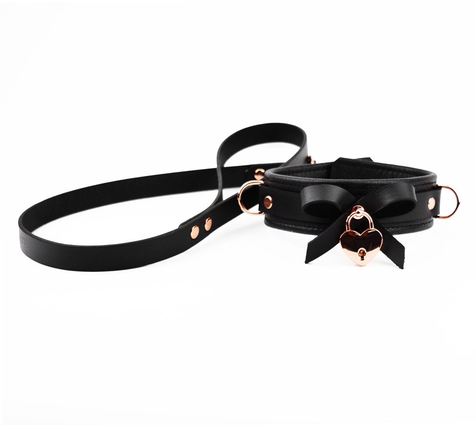 Premium BDSM Black Leather Bow Collar & Leash With Rose Gold Lock Pendant photo