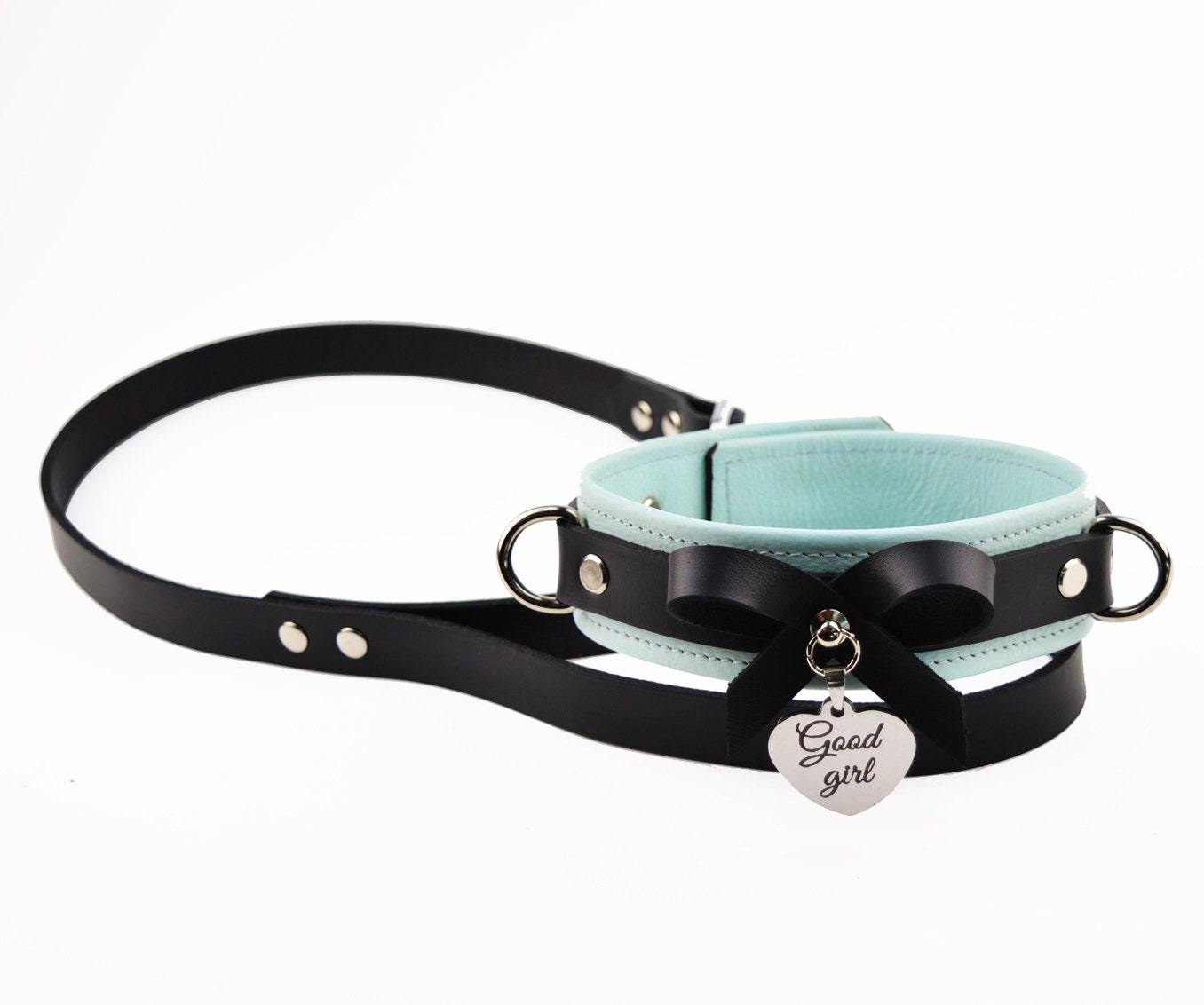 Premium BDSM Aqua Adore Blue Leather Bow Collar & Leash With Custom Engraved Silver Pendant photo