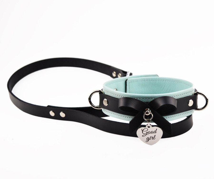 Premium BDSM Aqua Adore Blue Leather Bow Collar & Leash With Custom Engraved Silver Pendant Image # 216989