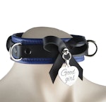 Premium BDSM Blue Leather Bow Collar & Leash With Custom Engraved Silver Pendant Thumbnail # 217394