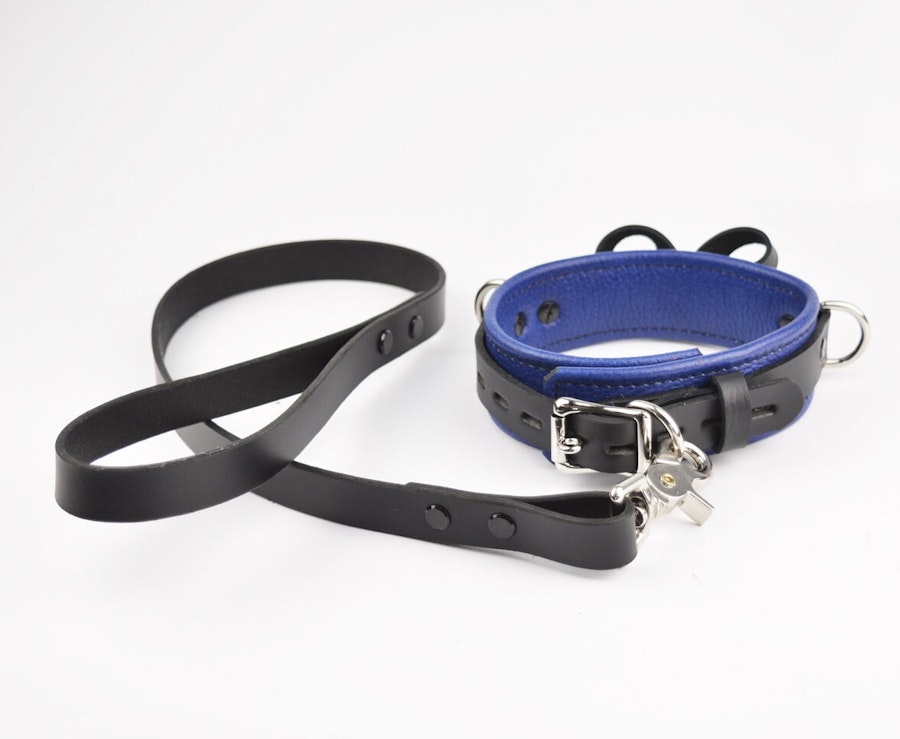 Premium BDSM Blue Leather Bow Collar & Leash With Custom Engraved Silver Pendant Image # 217395